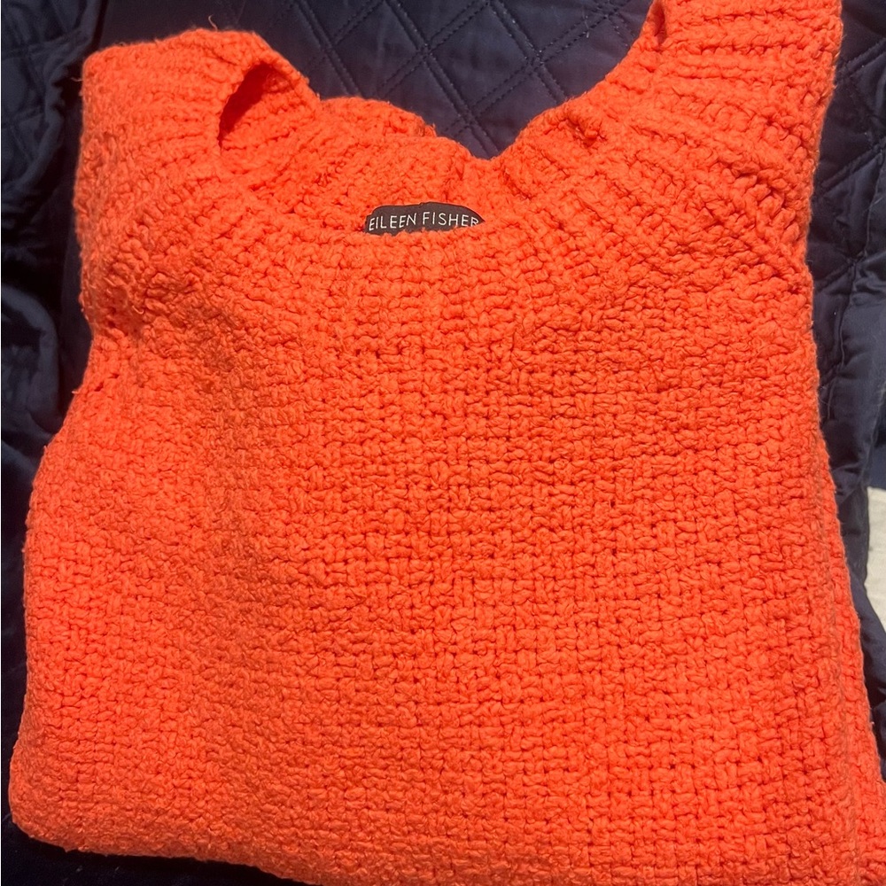 Eileen Fisher Orange Crew Neck Sweater with Textured Knit 🧶